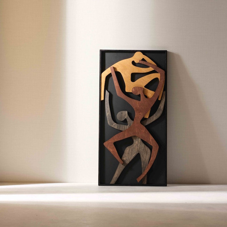 Humans Sculpture Vertical Wall Art Wooden Wall Decor | Abstract Wooden Wall Art with Dynamic Human Figures - Modern 3D Sculpture for Home Decor