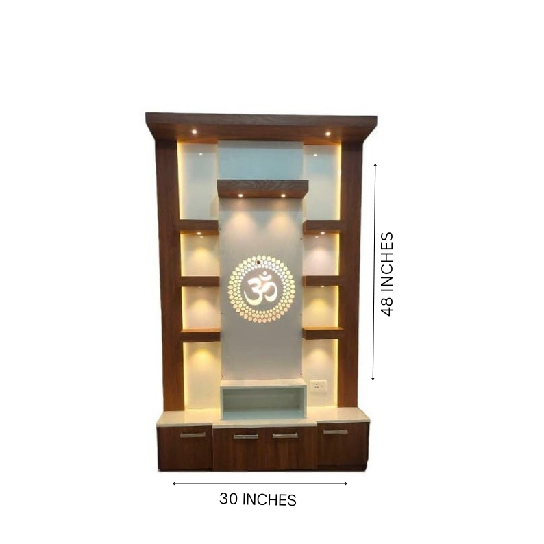 Modern Design Wooden Pooja Mandir with Illuminated Om Symbol for Home Decor - Pooja Mandir Wooden Temple White LED Light for Home and Office