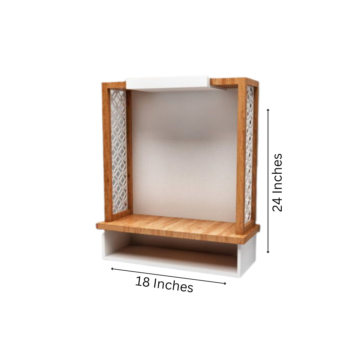 Wall-mounted wooden pooja mandir for home with Ganesh idol, jali side panels, and shelf storage – modern temple design for living room