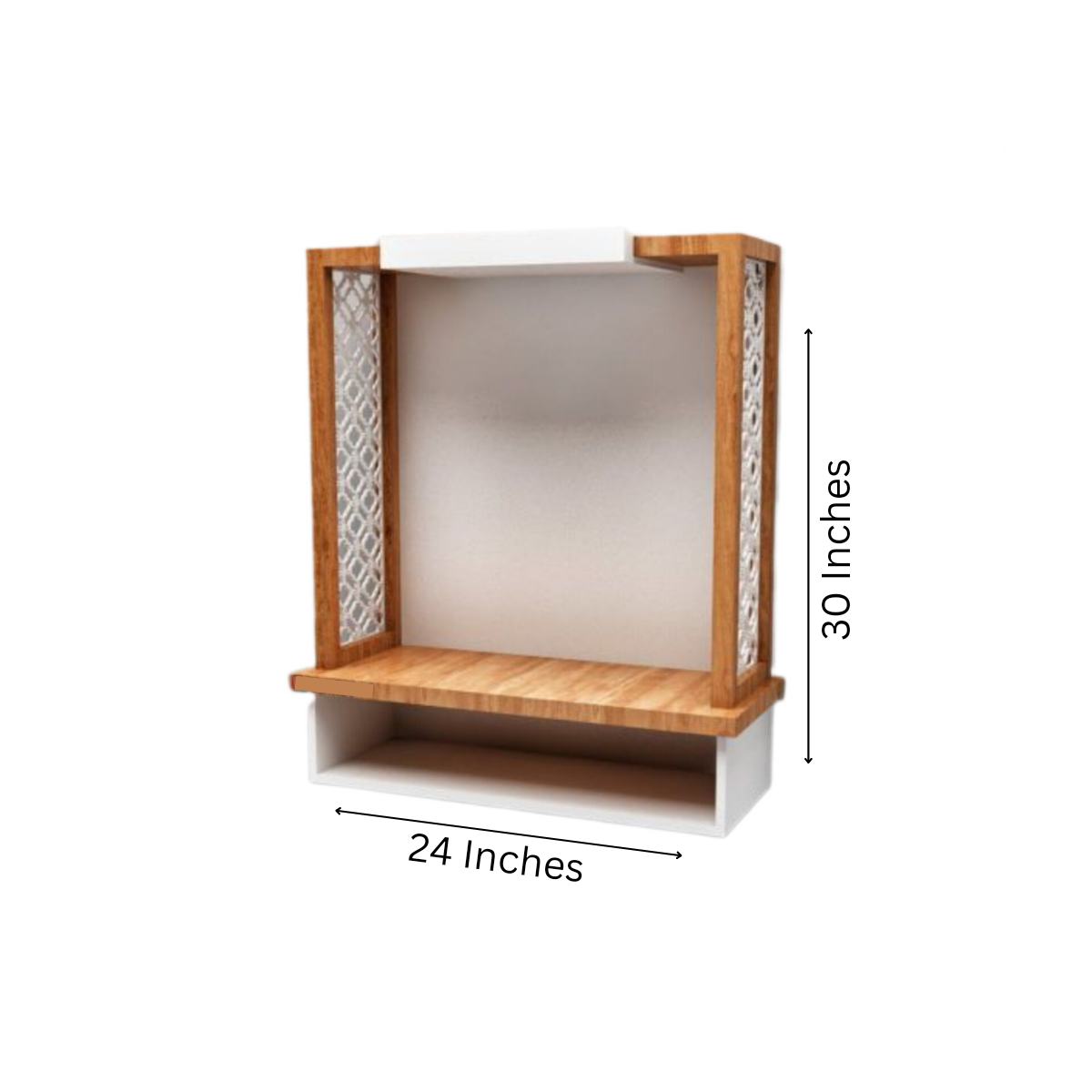 24x30 Inch Wooden Wall-Mounted Mandir with Carved Side Panels and Open Storage Shelf – Compact Temple for Urban Living