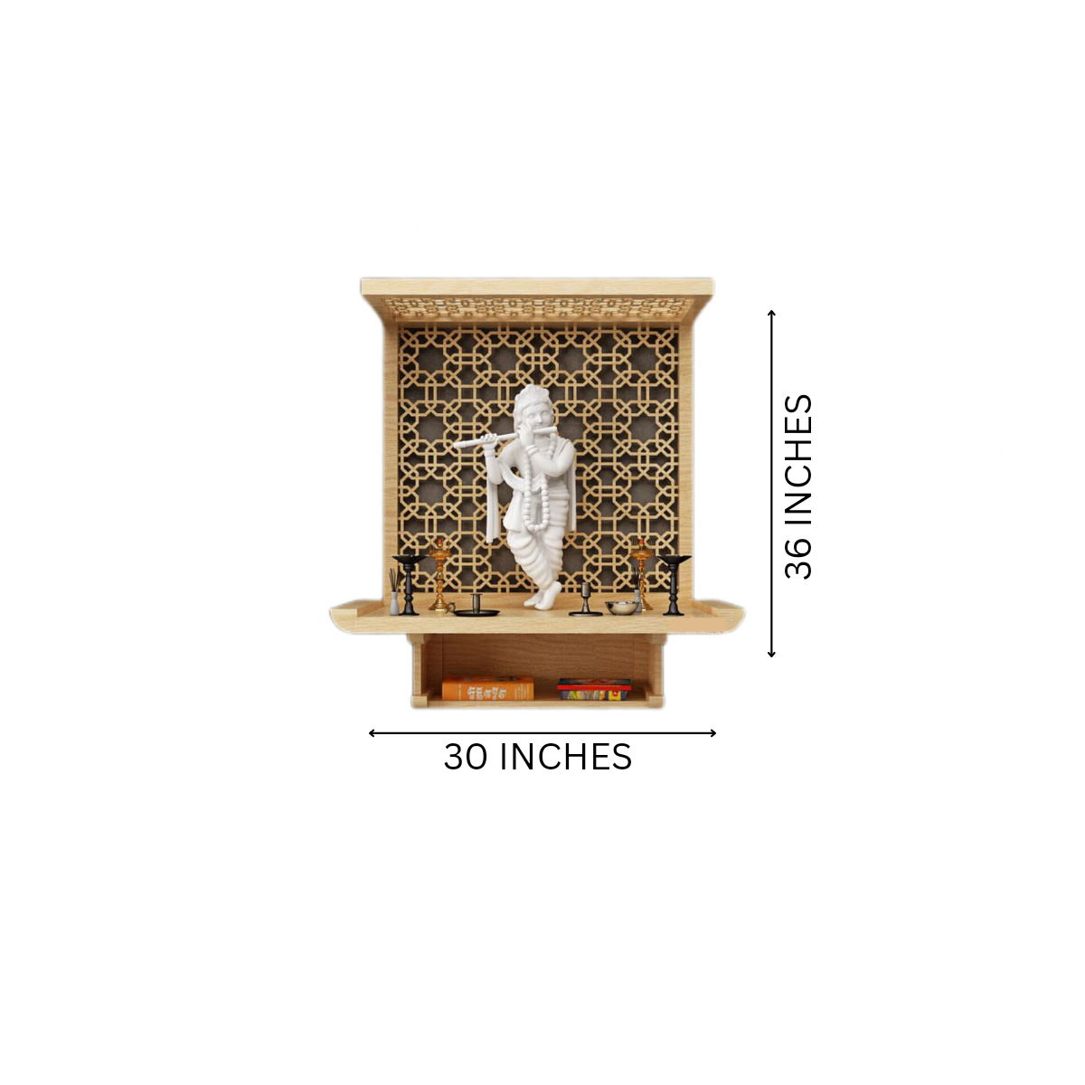 Detailed dimensions of wooden pooja mandir: 30 inches wide by 36 inches tall, featuring a Krishna idol and ornate backdrop.