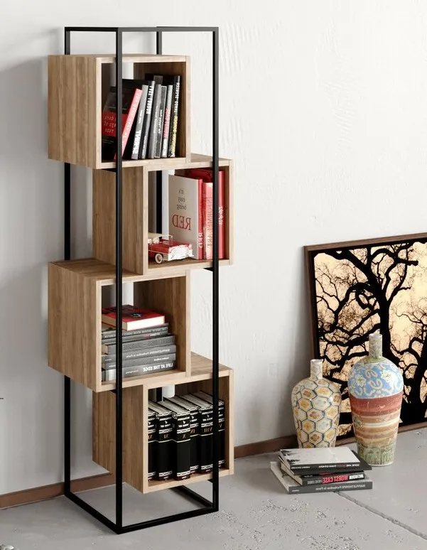 Modern Cube Bookshelf with Metal Frame – Space-Saving Wooden Storage for Home & Office