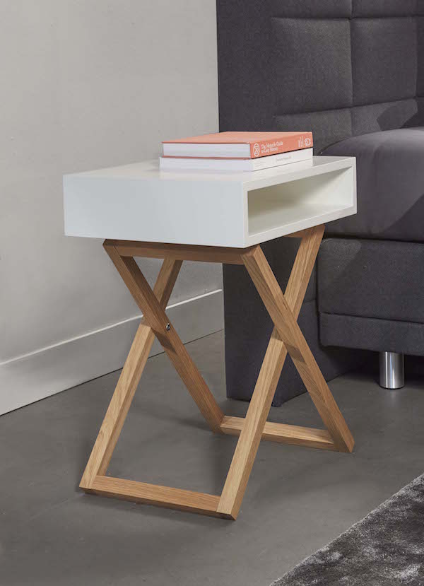 Cross Leg Bedside Table White With Natural Wood | Contemporary White Bedside Table with Wooden Cross-Leg Design and Open Storage