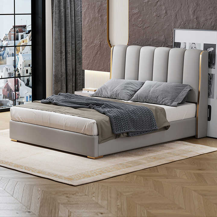 Luxurious King Size Double Bed with Upholstered Headboard | Modern Bedroom Furniture - Modern Upholstered Double Bed with Tall Headboard and Minimalist Design