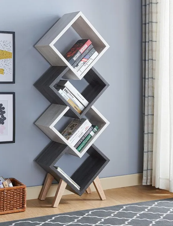 4 Tier Wooden Bookshelf White Grayish squaro