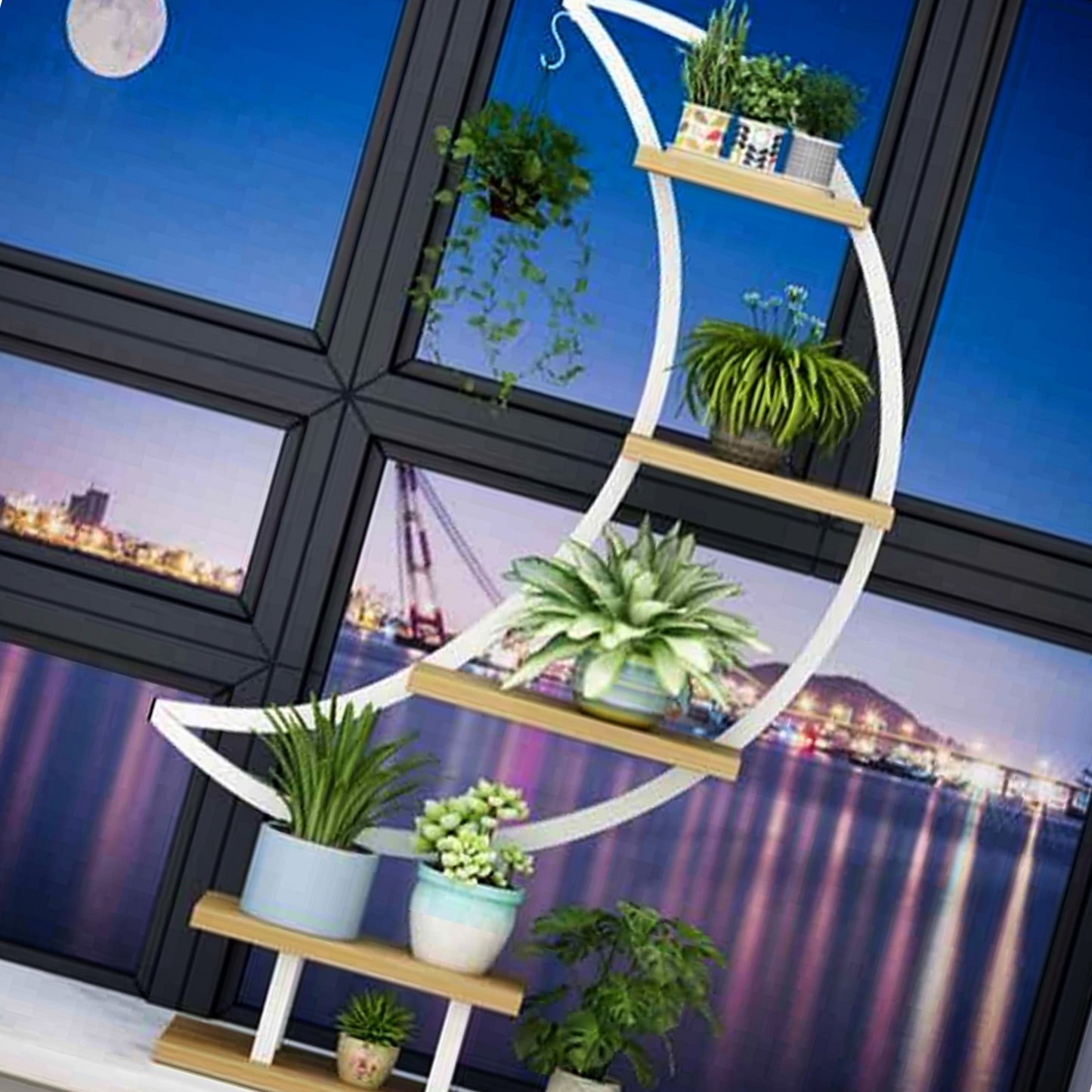Modern Crescent Moon-Shaped Planter Stand with Multi-Tier Wooden Shelves for Indoor Plants