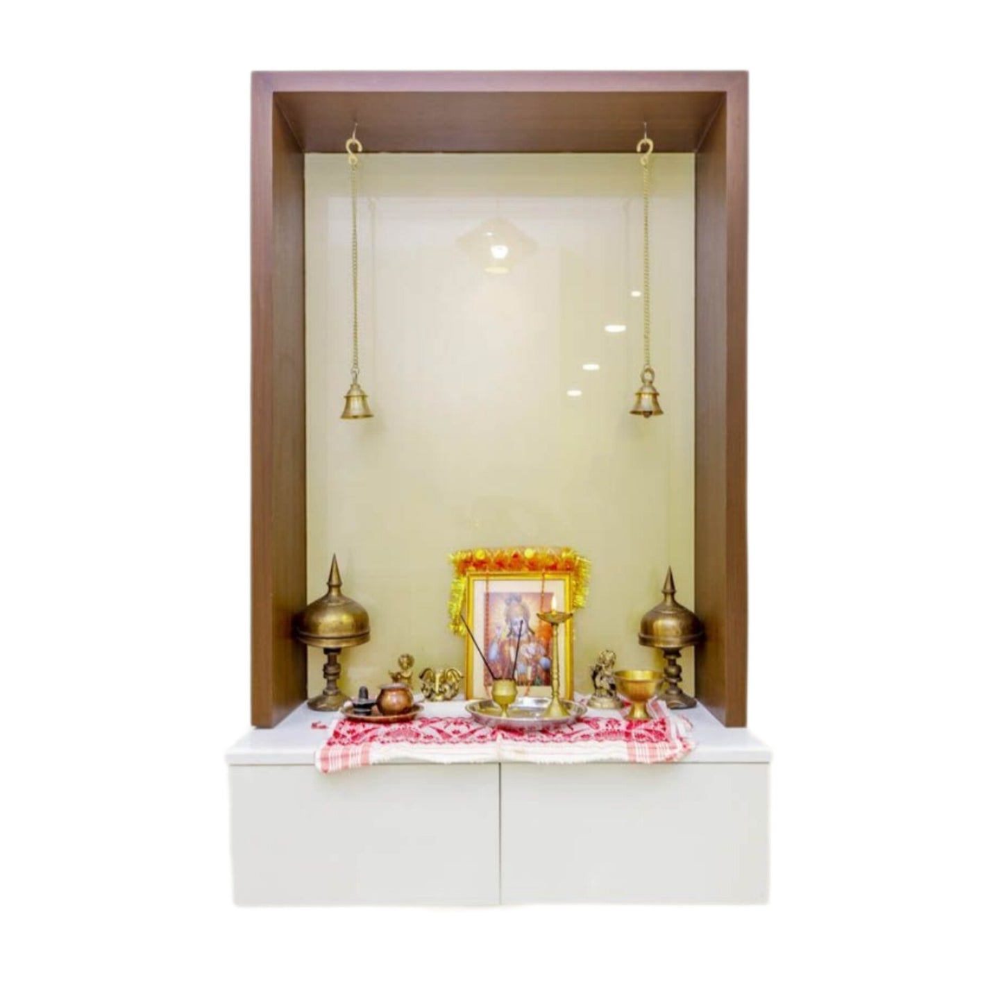 Pooja Mandir Wooden Temple White Brown Wood Modern Design - Modern Wall-Mounted Pooja Mandir with Minimalist Design and Ample Storage (36 Inches)
