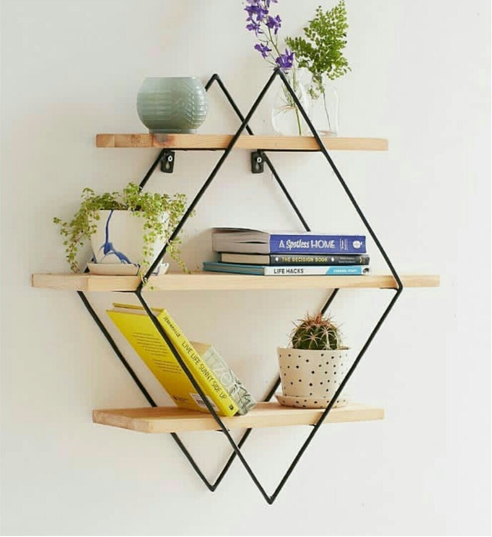 Modern Geometric Wall Shelf – Stylish Wooden and Metal Storage for Home Décor