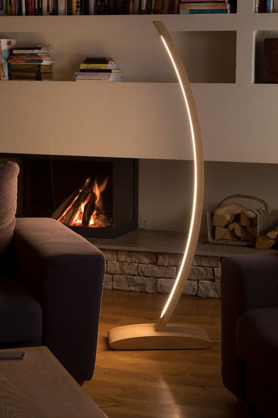Modern Curved LED Floor Lamp with Wooden Frame for Elegant Home Lighting | Elegant Curved LED Floor Lamp with Wooden Base
