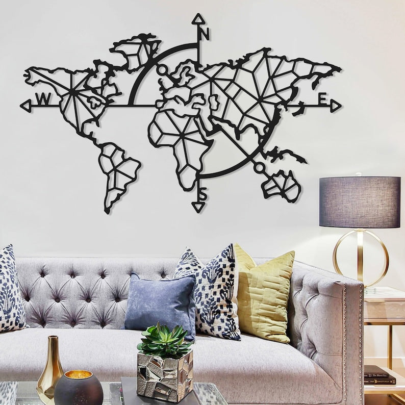 Modern Geometric World Map Metal Wall Art - Minimalist Home Decor for Living Room, Office, or Cafe | Metal World Map Wall Art Decor, World Map Compass, Large Metal Wall Decor, Home Office Living Room Entryway Wall Hanging