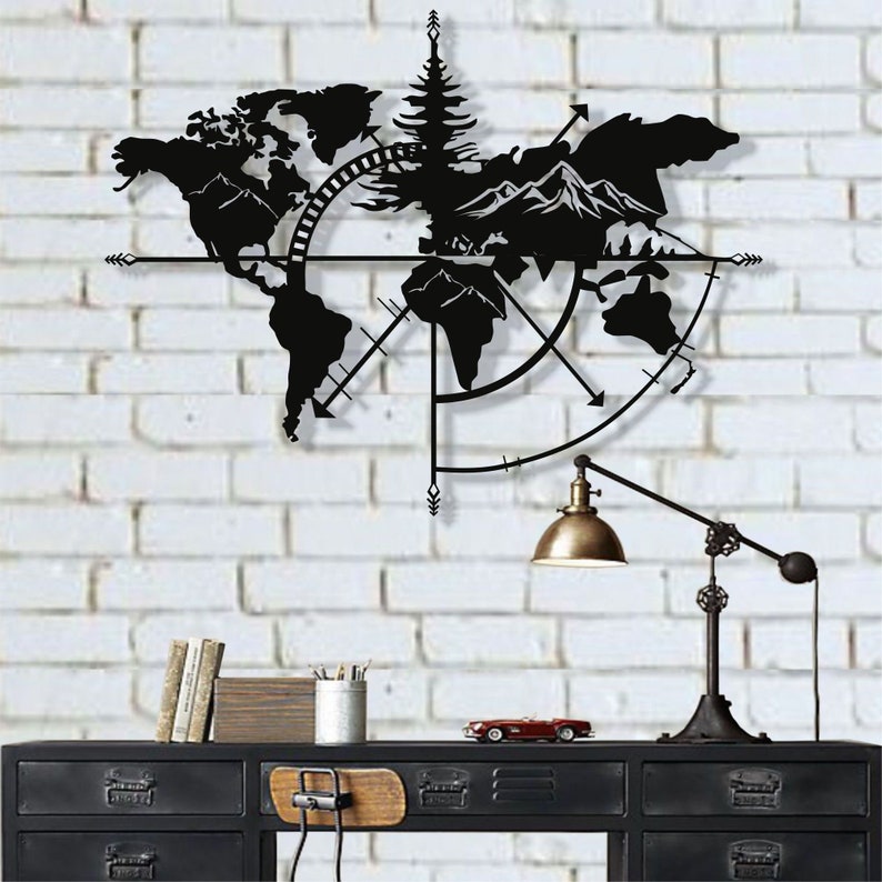 Adventure-Inspired Metal World Map Wall Art with Compass, Mountains, and Trees – Rustic Home Décor | Metal World Map Wall Art Decor, World Map Compass , Large Metal Wall Decor, Home Office Living Room Entryway Wall Hanging