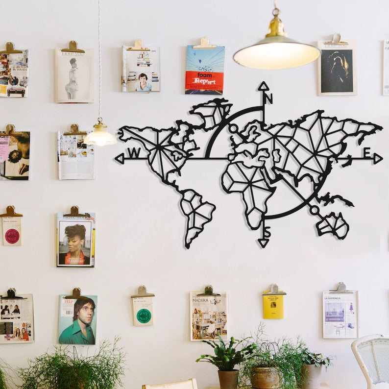 Modern Geometric World Map Metal Wall Art - Minimalist Home Decor for Living Room, Office, or Cafe | Metal World Map Wall Art Decor, World Map Compass, Large Metal Wall Decor, Home Office Living Room Entryway Wall Hanging