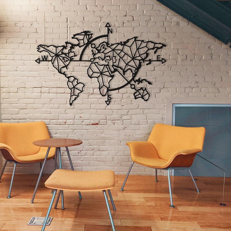 Modern Geometric World Map Metal Wall Art - Minimalist Home Decor for Living Room, Office, or Cafe | Metal World Map Wall Art Decor, World Map Compass, Large Metal Wall Decor, Home Office Living Room Entryway Wall Hanging