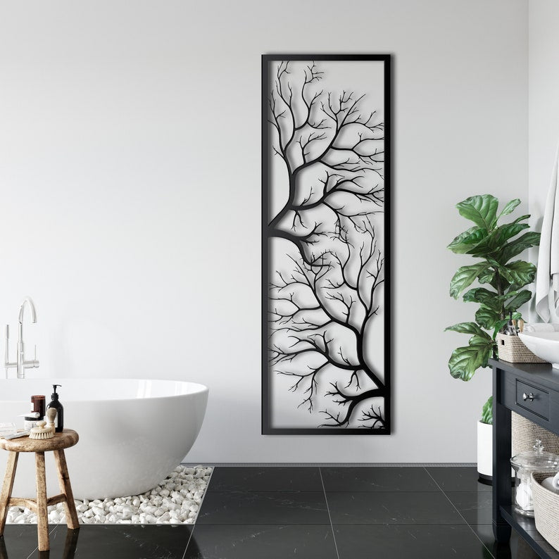 Modern Black Metal Tree Wall Art Panel for Bathroom Decor | Metal Tree Wall Art, Tree Metal Wall Decor, Metal Wall Decor, Metal Branch Wall Decor