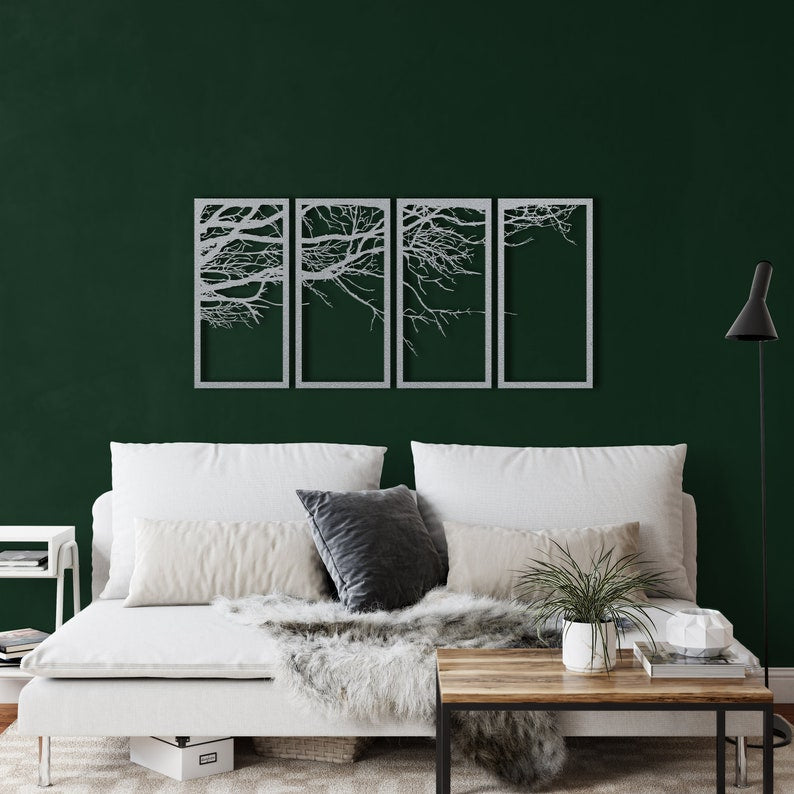 Modern 4-Piece Black Metal Tree Wall Art Set for Living Room Decor | Metal Tree Decor Wall Art, Metal Wall Art, 4 Panels Tree of Life Decor