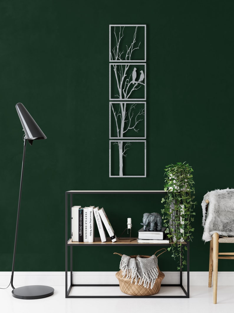 Modern Tree and Birds Metal Wall Art - Vertical Nature-Inspired Decor Panels | Metal Wall Art Decor, Metal Tree and Birds Wall Art, 4 Panels Wall Hangings Home Decoration