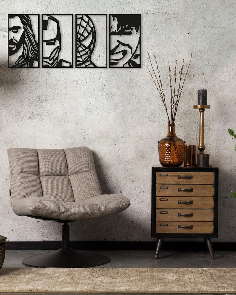 Minimalist Superhero Metal Wall Art - 4-Panel Iconic Character Silhouettes for Modern Home Decor | Avengers Face Portraits Wall Art Decor, Wood Wall Art Set, Avenger Superheroes, Geometric Framed (Set of 4)