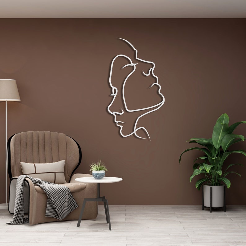 Minimalist Abstract Metal Wall Art - Modern Face Line Art Decor for Home and Office | Two Faces Metal Wall Art, Minimalist Line Wall Art (30 Inches)