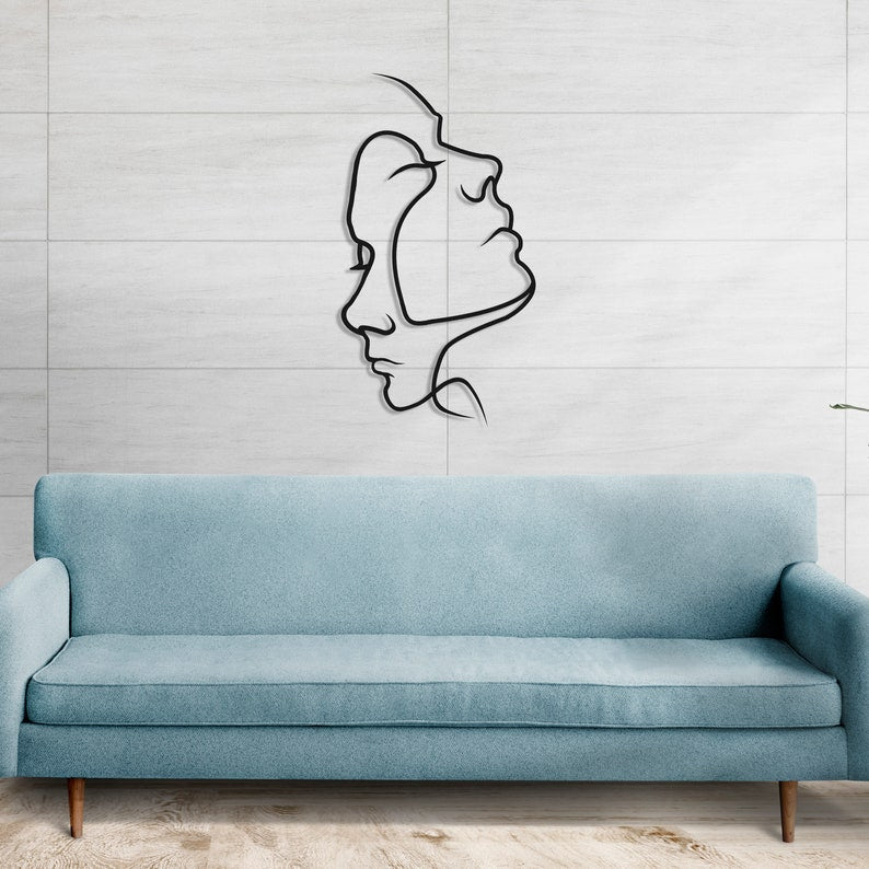 Minimalist Abstract Metal Wall Art - Modern Face Line Art Decor for Home and Office | Two Faces Metal Wall Art, Minimalist Line Wall Art (37 Inches)
