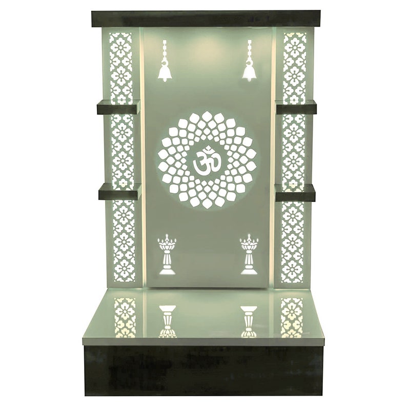 Pooja Mandir Wooden Temple White LED Light for Home and Office - Modern Pooja Mandir with Backlit Om Design, Wooden Accents, and Jaali Work for Home