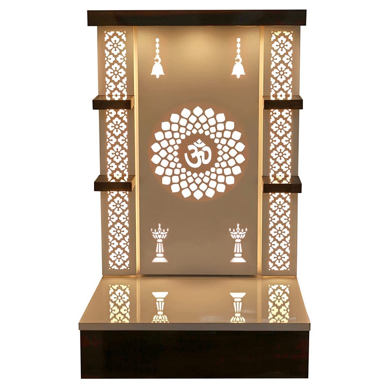 Pooja Mandir Wooden Temple White LED Light for Home and Office - Modern Pooja Mandir with Backlit Om Design, Wooden Accents, and Jaali Work for Home