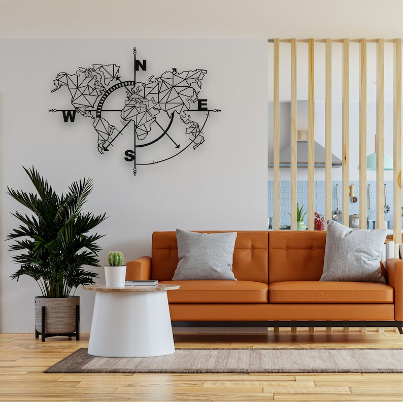 Geometric World Map Compass Wall Art – Modern Metal Decor for Living Room | Metal World Map Wall Art Decor, World Map Compass, Large Metal Wall Decor, Home Office Living Room Entryway Wall Hanging