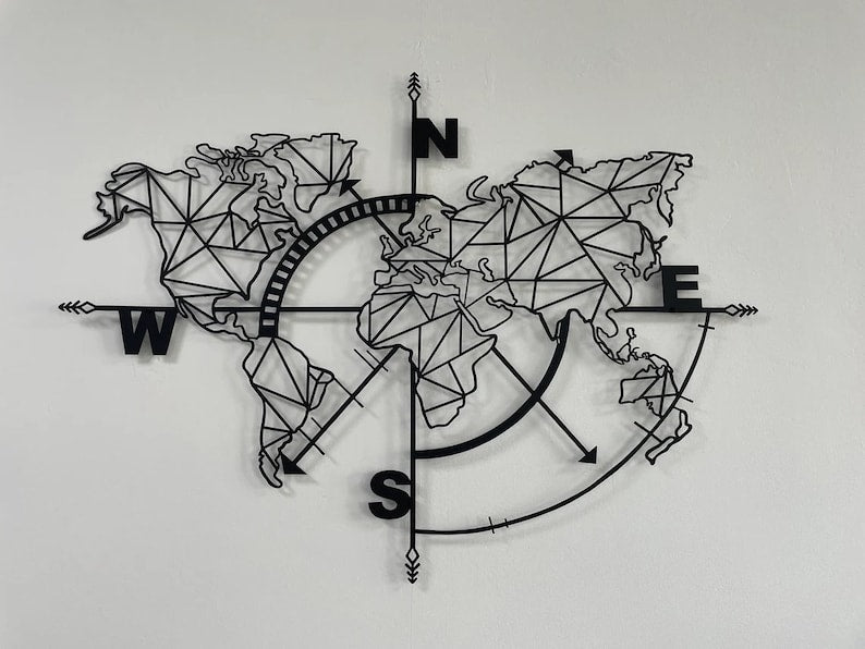 Geometric World Map Compass Wall Art – Modern Metal Decor for Living Room | Metal World Map Wall Art Decor, World Map Compass, Large Metal Wall Decor, Home Office Living Room Entryway Wall Hanging