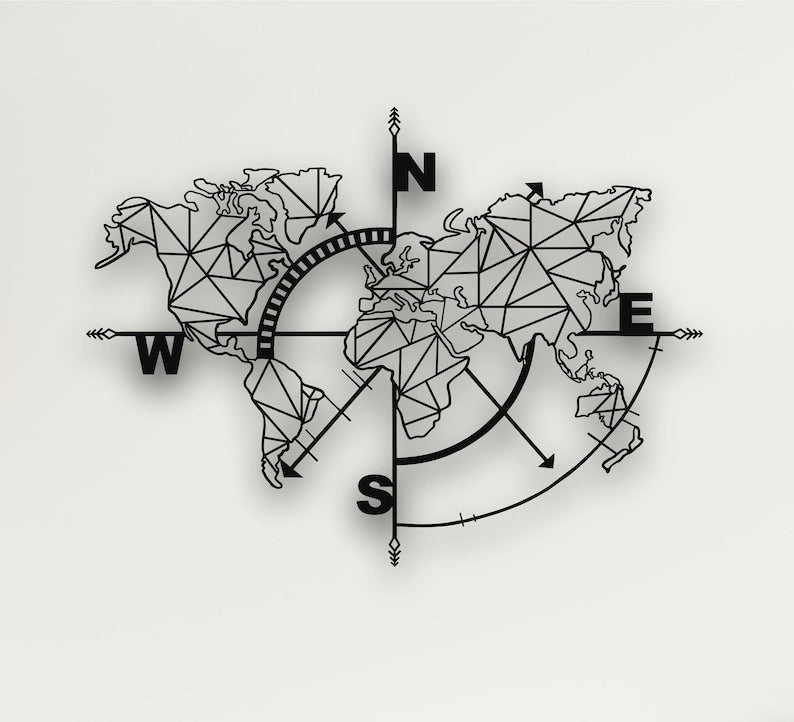 Geometric World Map Compass Wall Art – Modern Metal Decor for Living Room | Metal World Map Wall Art Decor, World Map Compass, Large Metal Wall Decor, Home Office Living Room Entryway Wall Hanging