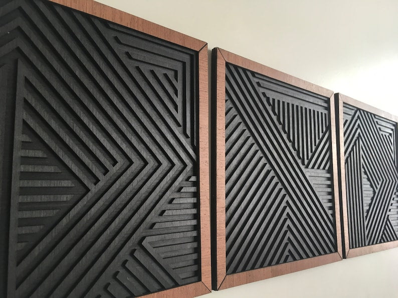 Modern Geometric Wood and Black Wall Art - Set of 3 Panels | Geometric Wood Wall Art Design Modern Wood Art Minimal Black Charcoal