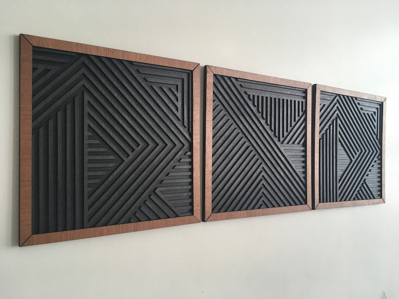 Modern Geometric Wood and Black Wall Art - Set of 3 Panels | Geometric Wood Wall Art Design Modern Wood Art Minimal Black Charcoal