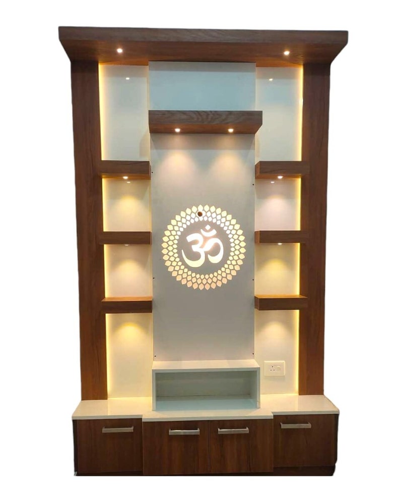Modern Design Wooden Pooja Mandir with Backlit Om Symbol and Storage - Pooja Mandir Wooden Temple White LED Light for Home and Office