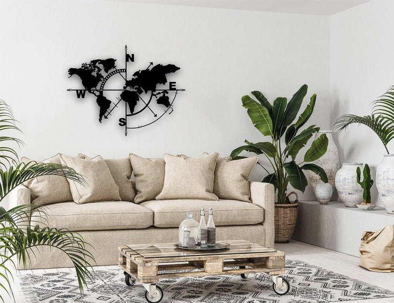 Adventure-Inspired Metal World Map Wall Art with Compass, Mountains, and Trees – Rustic Home Décor | Metal World Map Wall Art Decor, World Map Compass , Large Metal Wall Decor, Home Office Living Room Entryway Wall Hanging
