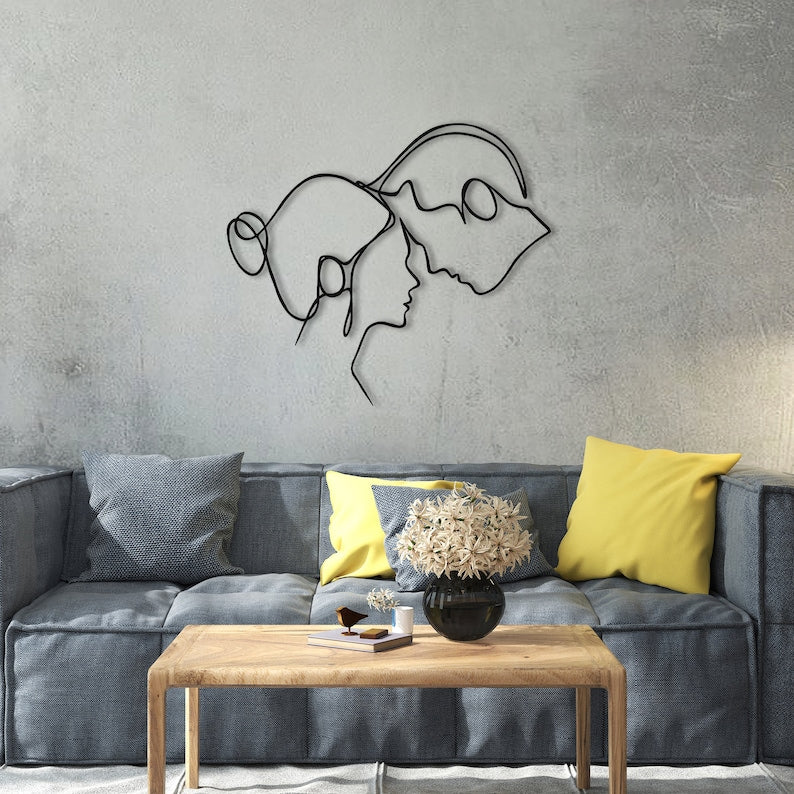 Minimalist Couple Silhouette Metal Wall Art – Modern Romantic Home Decor | Valentines Day Giving Head To Head Art, Wall Art Decor Destiny Union Theme Wall Decor, Single Line Art