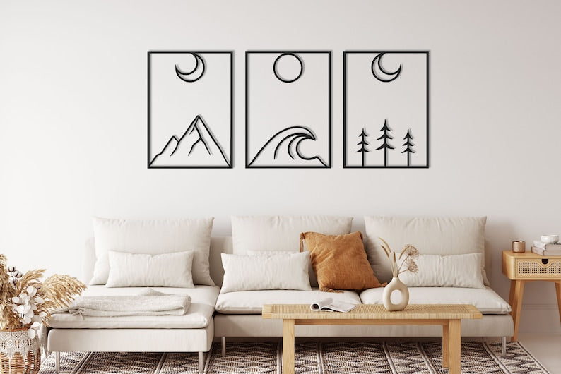 Minimalist Metal Wall Art Set - Mountain, Wave, and Forest Design for Modern Living Room Decor