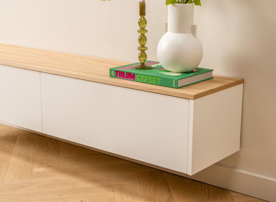 Minimalist White Floating TV Cabinet with Wooden Top – Scandinavian Wall-Mounted Media Console for Modern Interiors