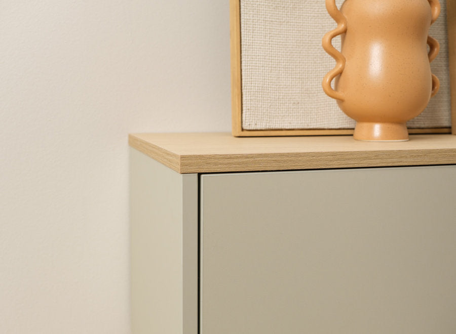 (Exclusive) - Modern Beige Floating TV Cabinet with Wooden Top – Sleek Wall-Mounted Media Console for Stylish Living Rooms