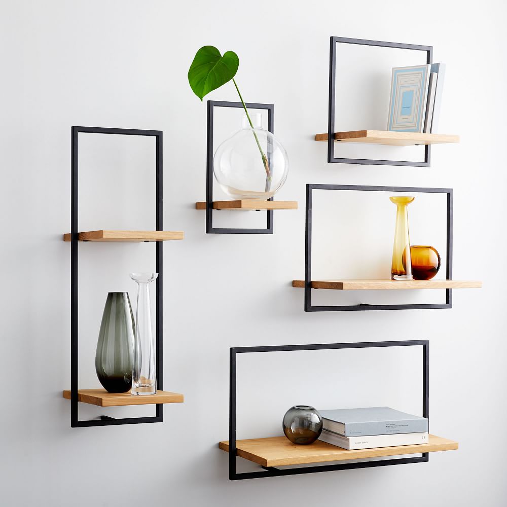 Metal Framed Wooden Wall Shelves Set Of 5 - Modern Wall-Mounted Floating Shelves with Metal Frames – Decorative Wooden Display for Home