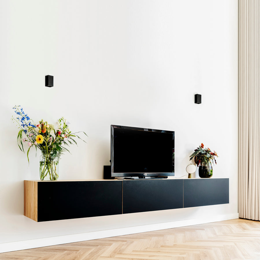 (Exclusive) - Modern Floating TV Cabinet with Minimalist Black Matte Finish & Wooden Top – Stylish Wall-Mounted Media Console
