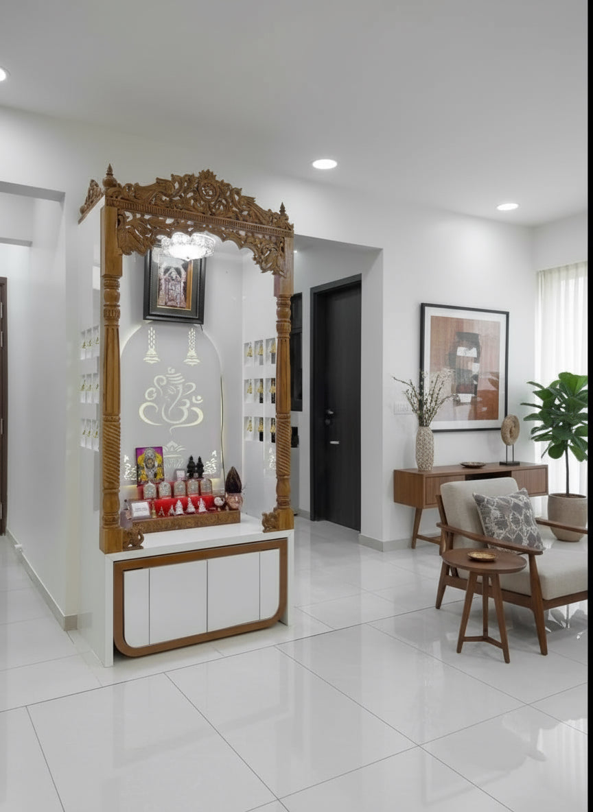 Luxury wooden pooja mandir with white glossy finish and traditional teakwood frame for modern interiors