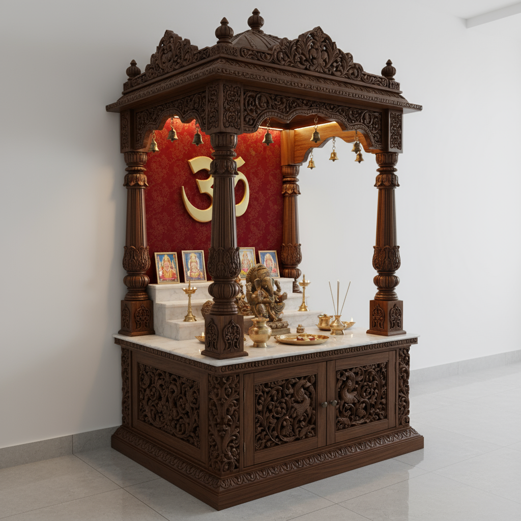 Premium wooden home mandir with ornate craftsmanship, wall-mounted decor plates, and devotional idols on marble base.