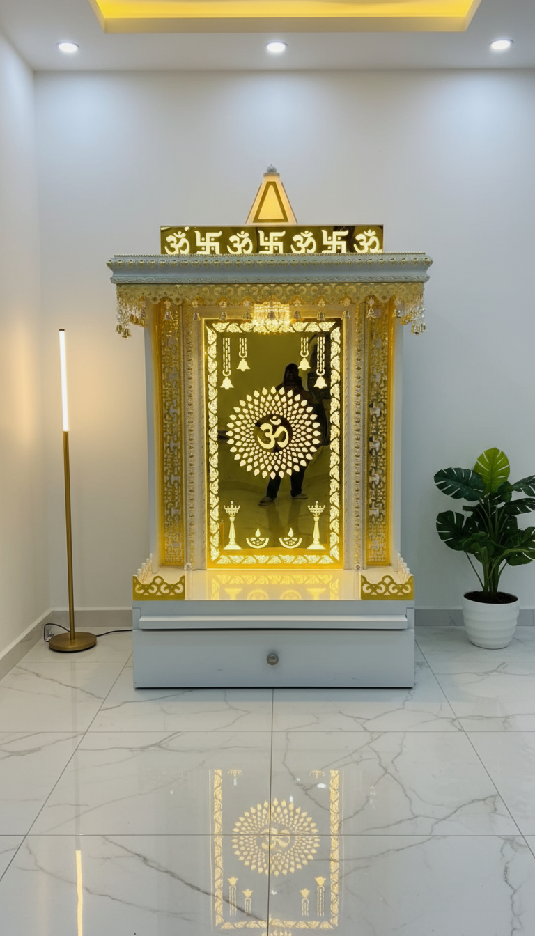Luxury White and Gold Wooden Pooja Mandir with LED Backlit Om Design | Handcrafted Home Temple with Drawer & Bells