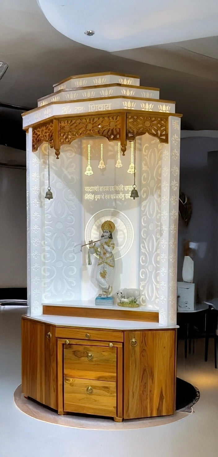 Luxury wooden mandir unit with Corian backlit pattern and LED lights, perfect for creating a spiritual corner at home.