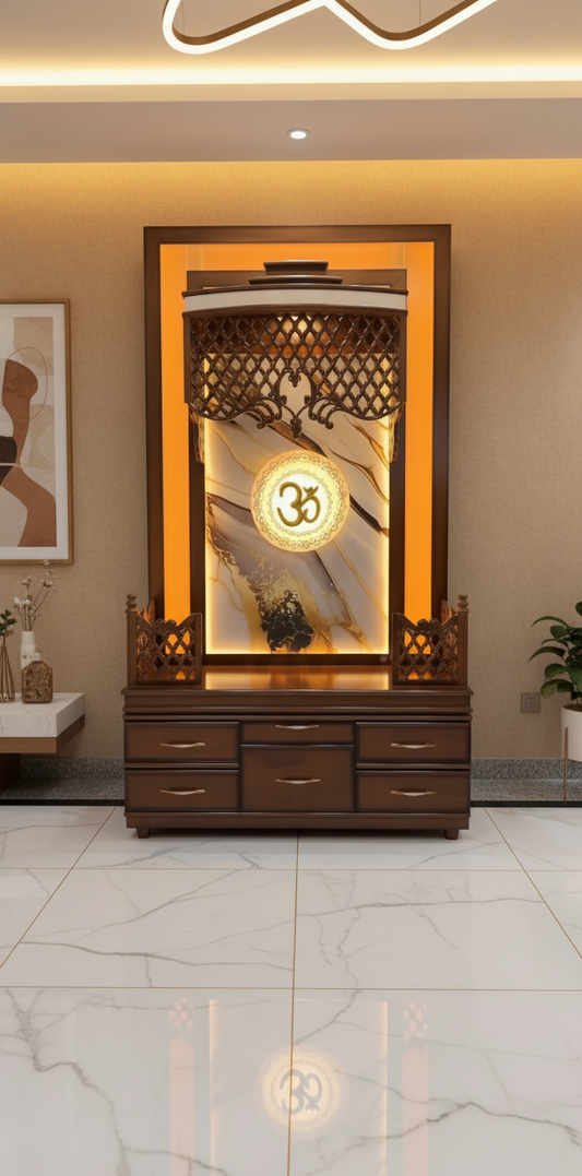 Handcrafted teakwood pooja mandir with LED backlit OM panel and storage drawers
