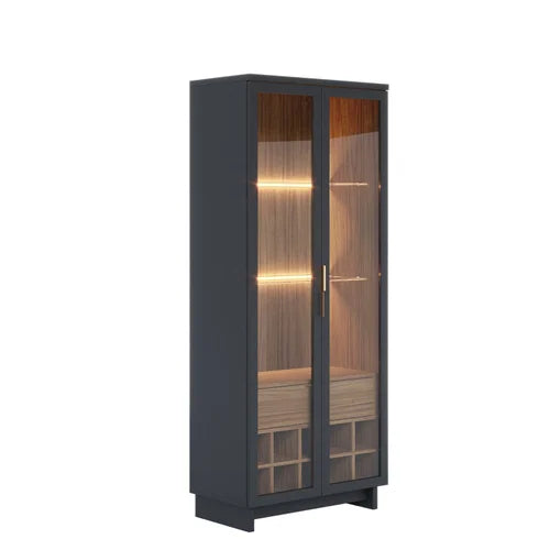 Elegant Black Glass Cabinet with LED Lights – Contemporary Display and Modern Design Storage Unit with Wine Rack and Wooden Accents