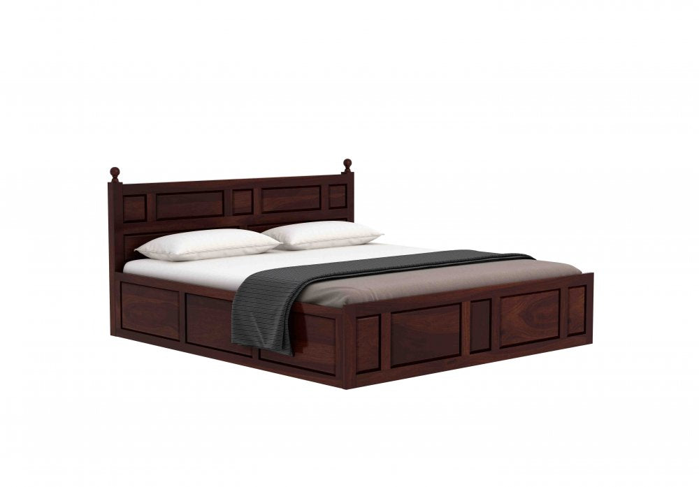 Elegant Solid Wood King Size Double Bed with Storage | Classic Wooden Bedroom Furniture - Elegant Solid Wood Double Bed with Classic Design and Storage Options (Dark Brown)