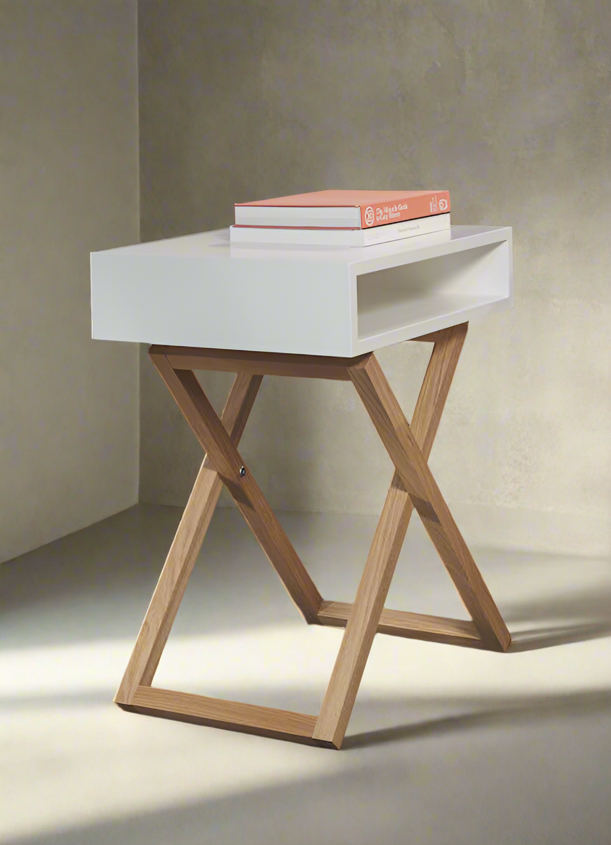 Cross Leg Bedside Table White With Natural Wood | Contemporary White Bedside Table with Wooden Cross-Leg Design and Open Storage