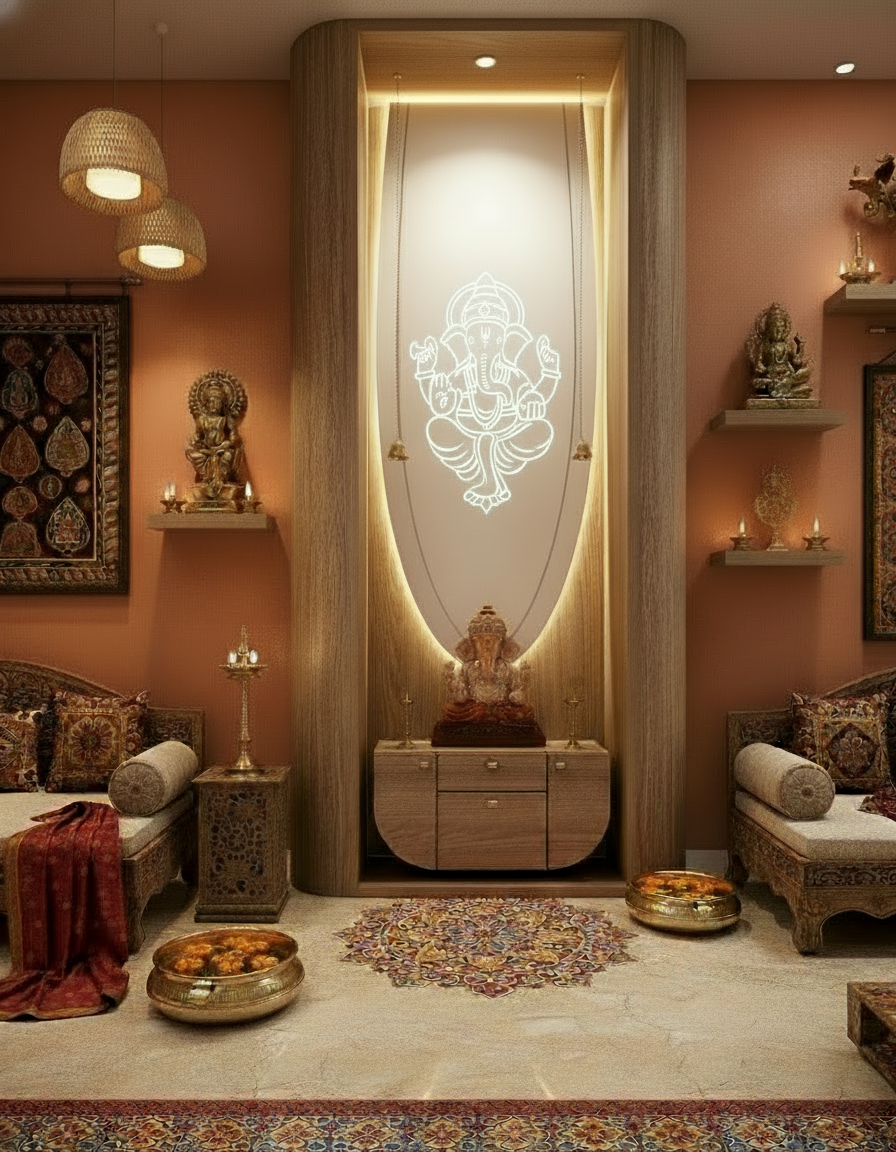 Elegant wooden pooja mandir with LED backlit Lord Ganesha design, warm lighting, and traditional décor setup.