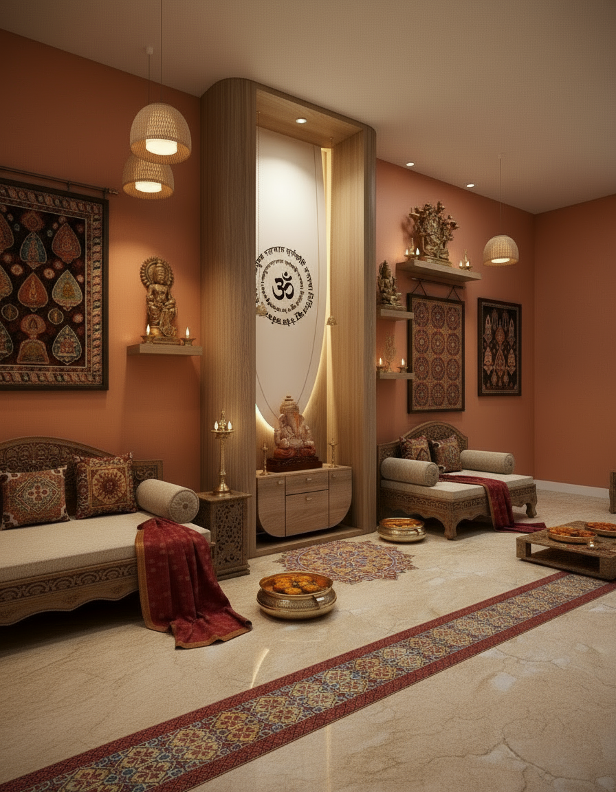 Modern luxury pooja mandir for home interiors with LED lighting and elegant wooden craftsmanship.