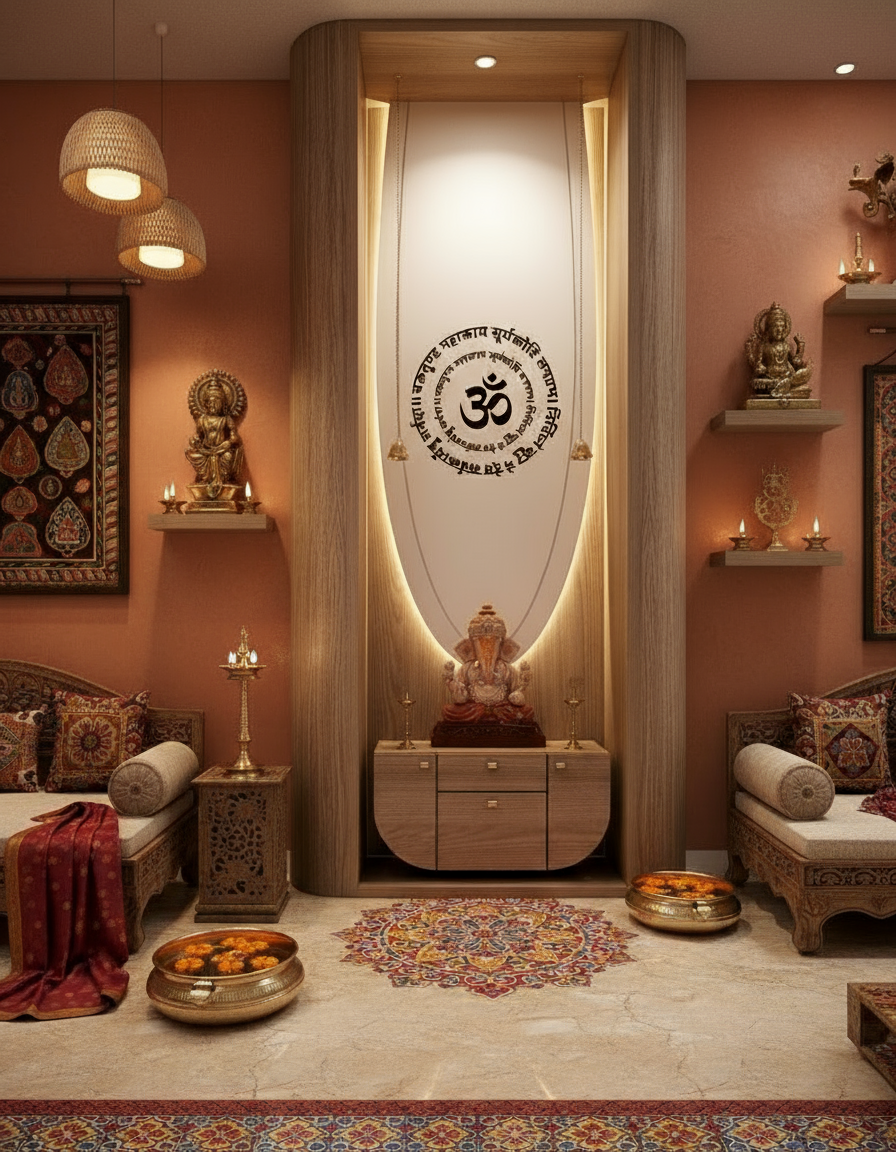 Luxury home temple with Om mantra wall art, handcrafted wooden finish, and modern lighting accents.