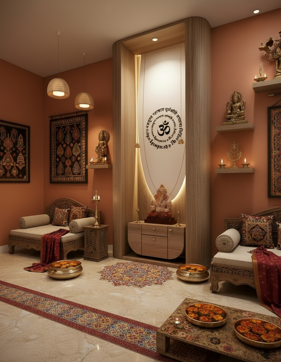 Modern Indian home temple with curved wood frame, soft ambient lights, and marble-textured flooring.